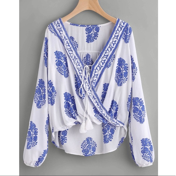 CLEO💙 boho printed white blue blouse long sleeve - Picture 2 of 4